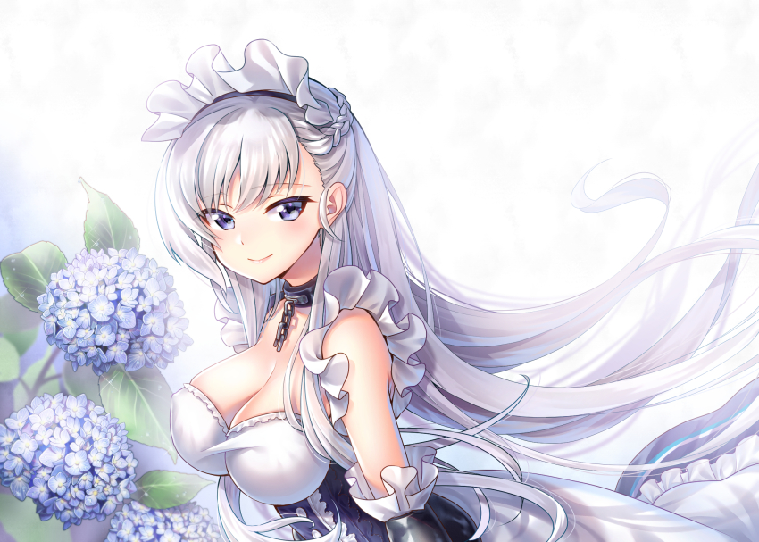 1girl, azur_lane, bare_shoulders, belfast_(azur_lane), braid, breasts, broken, broken_chain