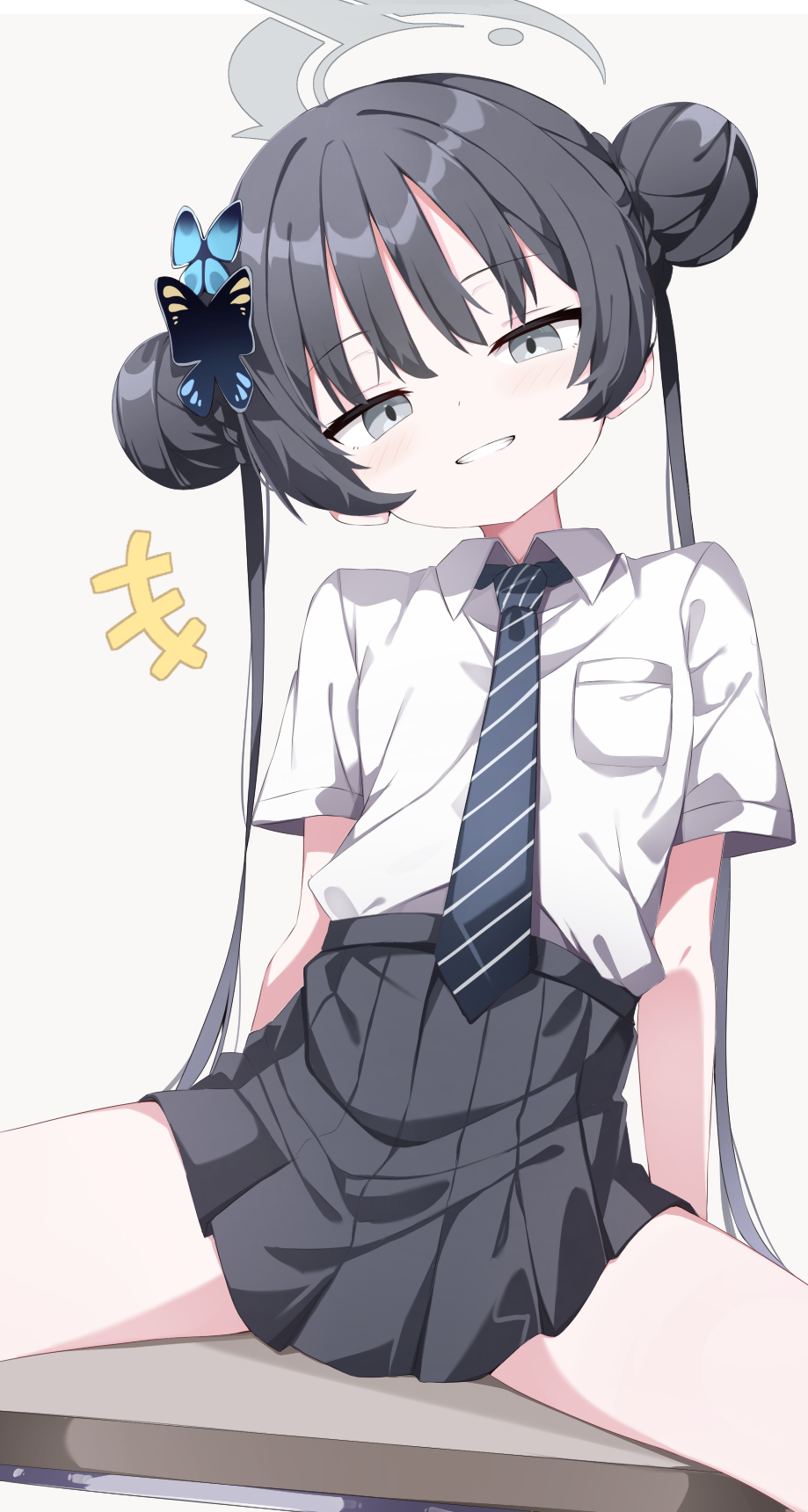 +++, 1girl, black_hair, black_skirt, blue_archive, blue_necktie, blush, braid