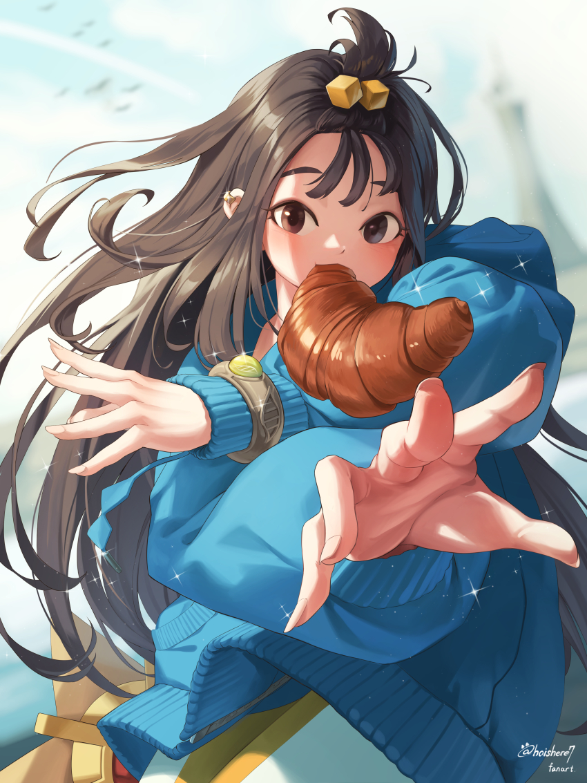 1girl, :d, absurdres, black_hair, blue_hoodie, bracelet, commentary_request, croissant, crossed_arms, cube_hair_ornament, food, food_in_mouth, gen_1_pokemon, hair_ornament, highres, hoishere7, hood, hoodie, jewelry, lida_(pokemon), long_hair, long_sleeves, looking_at_viewer, mouth_hold, nintendo, open_mouth, pokemon, pokemon_(creature), pokemon_legends:_z-a, smile, sparkle, spread_fingers, staryu, topknot