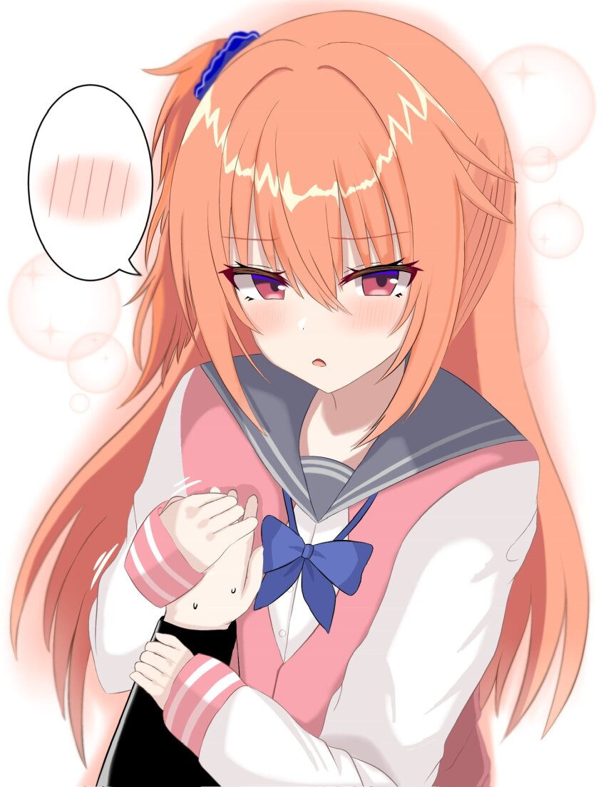 1boy, 1girl, blue_bow, blue_bowtie, blue_scrunchie, blush, bow, bowtie