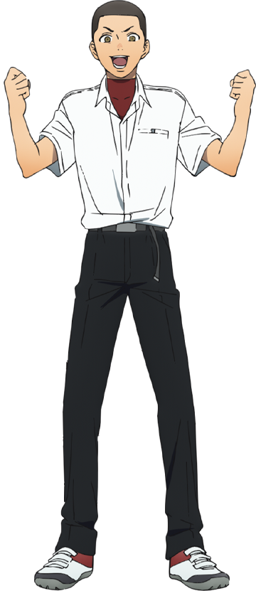 1boy, :d, anime_coloring, belt, black_hair, black_pants, brown_eyes, clenched_hands, collared_shirt, full_body, grey_belt, happy, hikaru_ga_shinda_natsu, looking_at_viewer, maki_yuuta, official_art, open_mouth, pants, red_shirt, school_uniform, shirt, shoes, short_hair, simple_background, smile, solo, standing, takahashi_yuuichi, teeth, transparent_background, turtleneck, turtleneck_shirt, v-shaped_eyebrows, very_short_hair, w_arms, white_shirt, white_shoes