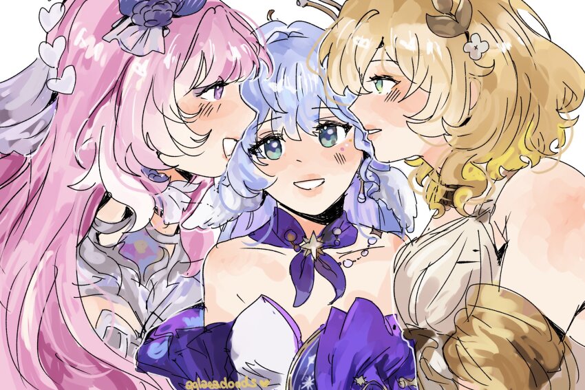 3girls, aglaea_(honkai:_star_rail), aqua_eyes, bare_shoulders, blonde_hair, blue_hair, blush, choker, cyrene_(honkai:_star_rail), cyrene_(demiurge)_(honkai:_star_rail), eye_contact, green_eyes, grin, highres, honkai:_star_rail, honkai_(series), hyastelle, long_hair, looking_at_another, multiple_girls, pink_hair, purple_choker, purple_eyes, robin_(honkai:_star_rail), smile, upper_body, white_background, yuri