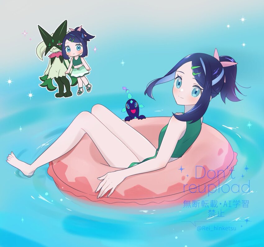 1girl, afloat, barefoot, black_hair, blue_eyes, chibi, closed_mouth, commentary
