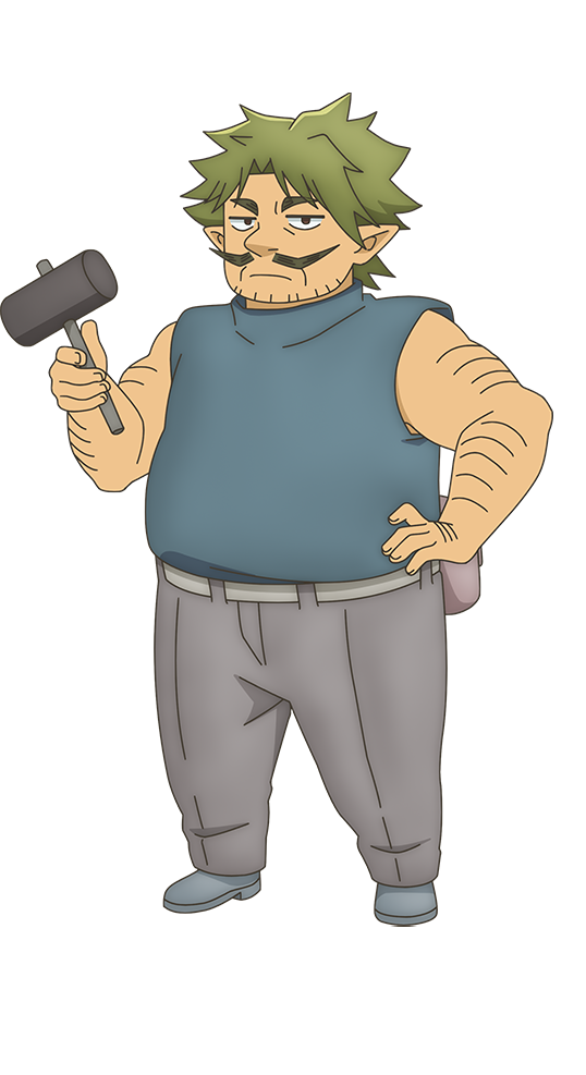 1boy, anime_coloring, beard, belt, belt_pouch, brown_eyes, dungeon_people, dwarf, facial_hair, full_body, green_hair, grey_belt, grey_pants, grey_shoes, hammer, hand_on_own_hip, holding, holding_hammer, looking_at_viewer, mature_male, muscular, muscular_male, mustache, nakayama_yumi, official_art, pants, pointy_ears, pouch, rangard_(dungoen_people), shirt, shoes, simple_background, sleeveless, solo, standing, stubble, thick_eyebrows, transparent_background, turtleneck, turtleneck_shirt