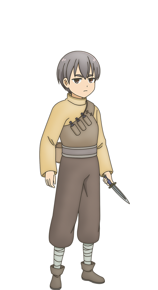 1boy, anime_coloring, bandaged_leg, bandages, belt, belt_pouch, brown_hair, brown_shirt, brown_shoes, closed_mouth, dungeon_people, full_body, grey_hair, holding, holding_knife, holding_weapon, knife, latta_(dungeon_no_naka_no_hito), long_sleeves, looking_at_viewer, nakayama_yumi, official_art, pouch, shirt, shoes, short_hair, simple_background, solo, standing, thick_eyebrows, transparent_background, turtleneck, turtleneck_shirt, weapon
