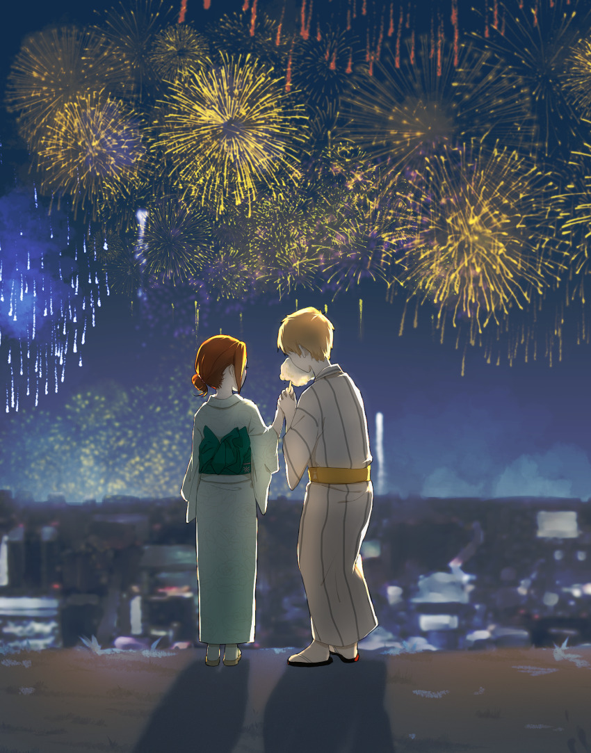 1boy, 1girl, couple, digimon, fireworks, highres, japanese_clothes, kimono, night, pixiv_user_(2540217), sky, takaishi_takeru, yagami_hikari