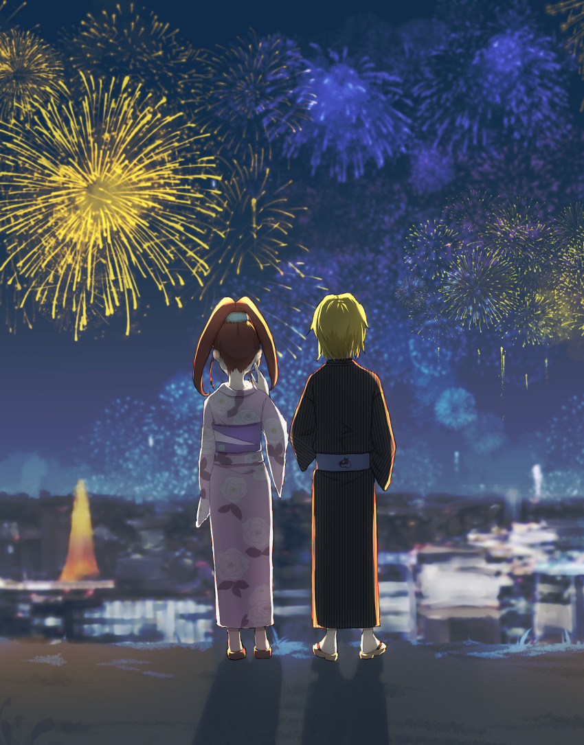 1boy, 1girl, amano_nene_(digimon_xros_wars), aonuma_kiriha, couple, digimon, fireworks, highres