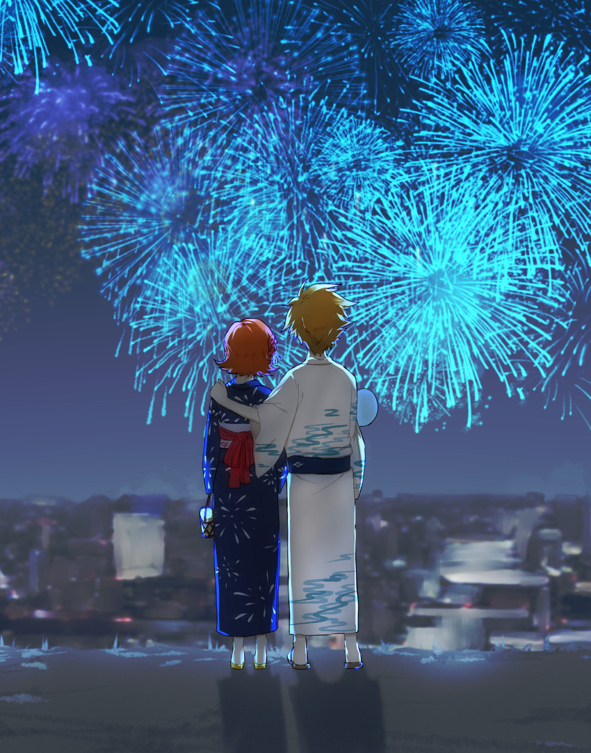 1boy, 1girl, couple, digimon, fireworks, highres, ishida_yamato, japanese_clothes