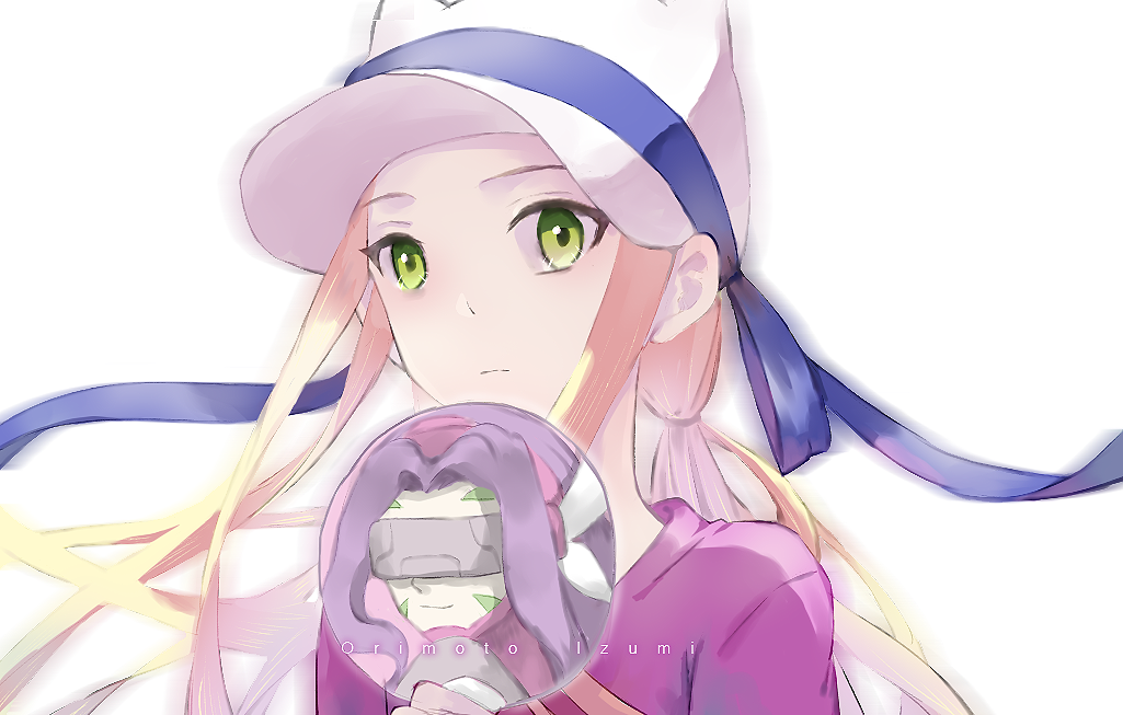 blonde_hair, digimon, digimon_frontier, fairimon, green_eyes, hat, long_hair, looking_at_viewer, mask, orimoto_izumi, pixiv_user_(2540217), simple_background, white_background