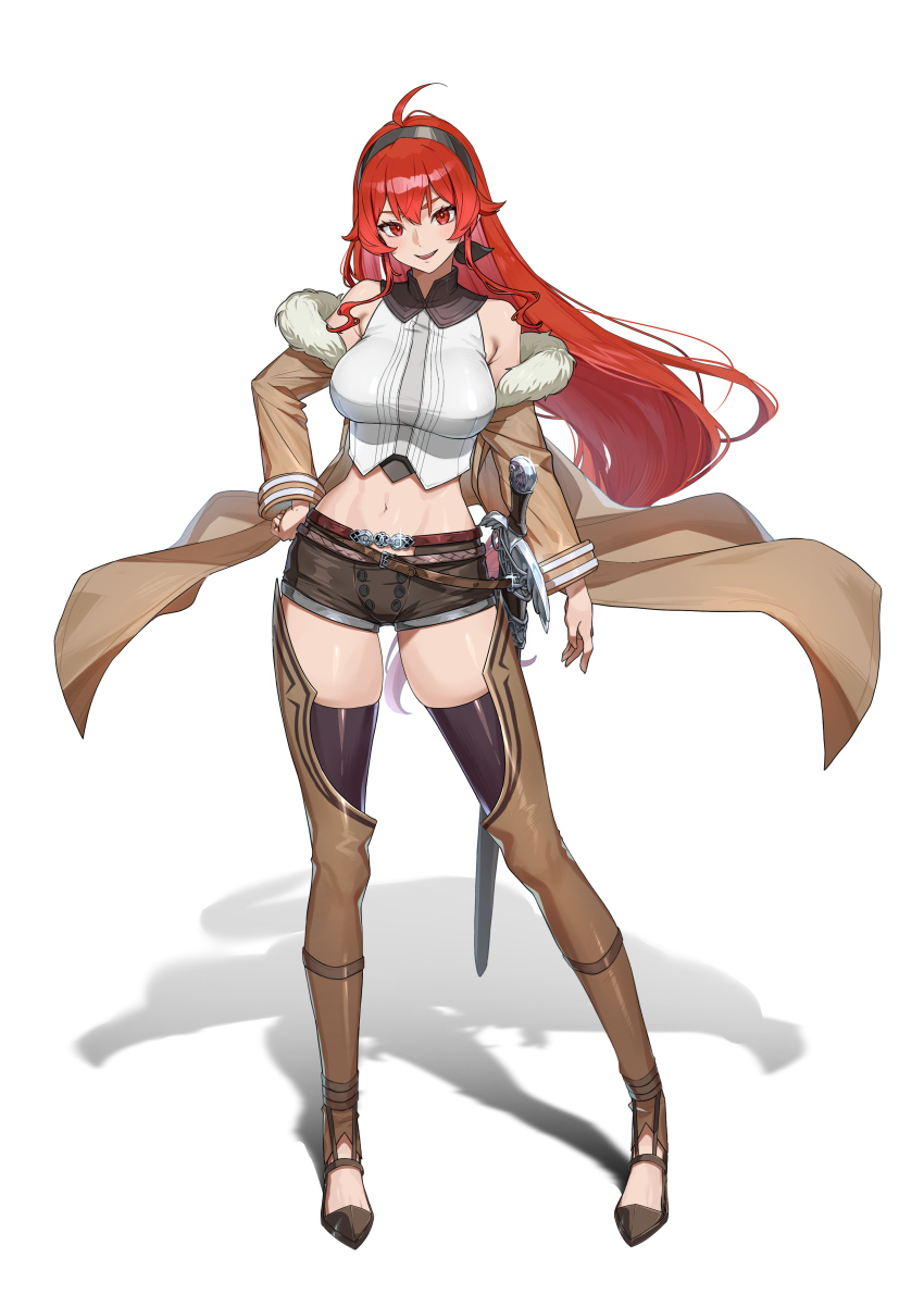 1girl, absurdres, bare_shoulders, black_thighhighs, boots, breasts, coat, crop_top