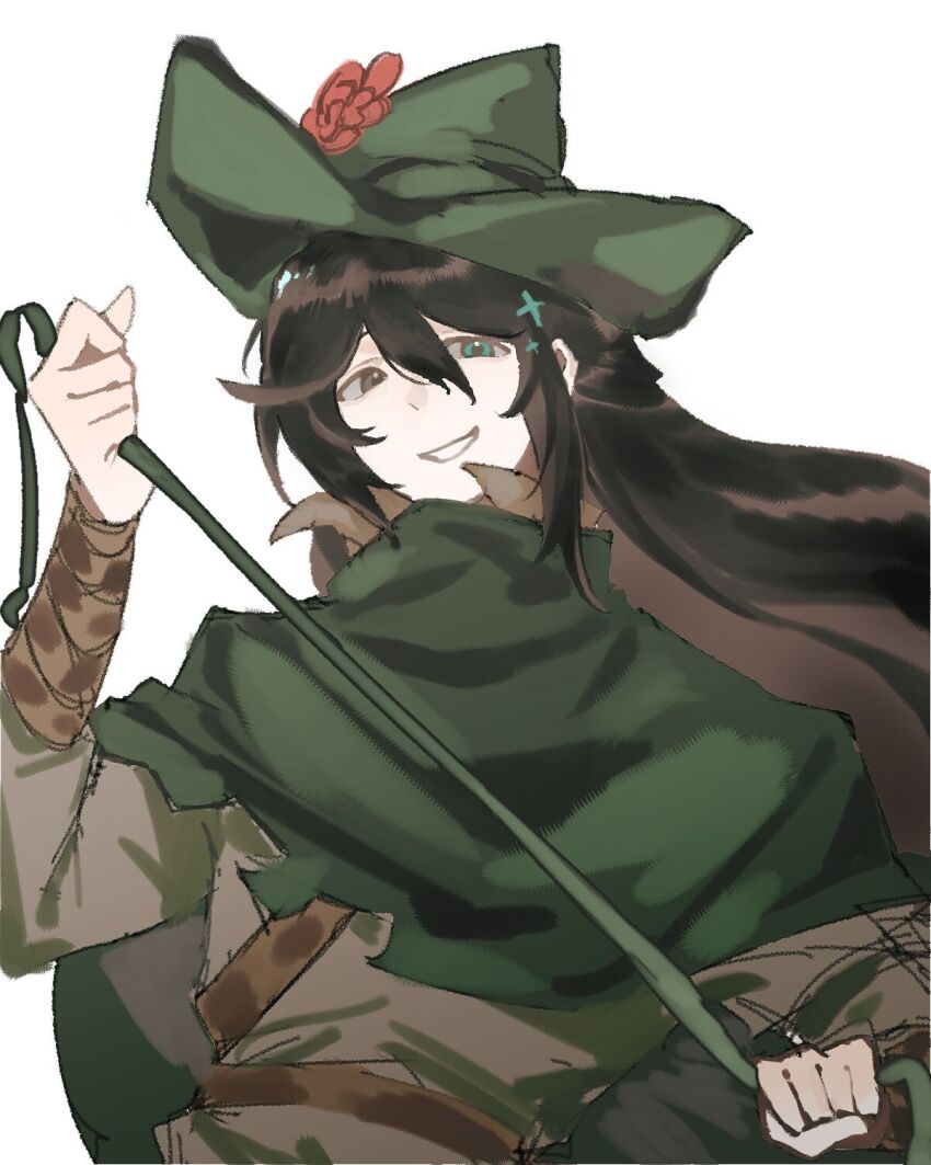 1boy, arm_wrap, black_eyes, blue_eyes, brown_tunic, cape, cloak, green_cape