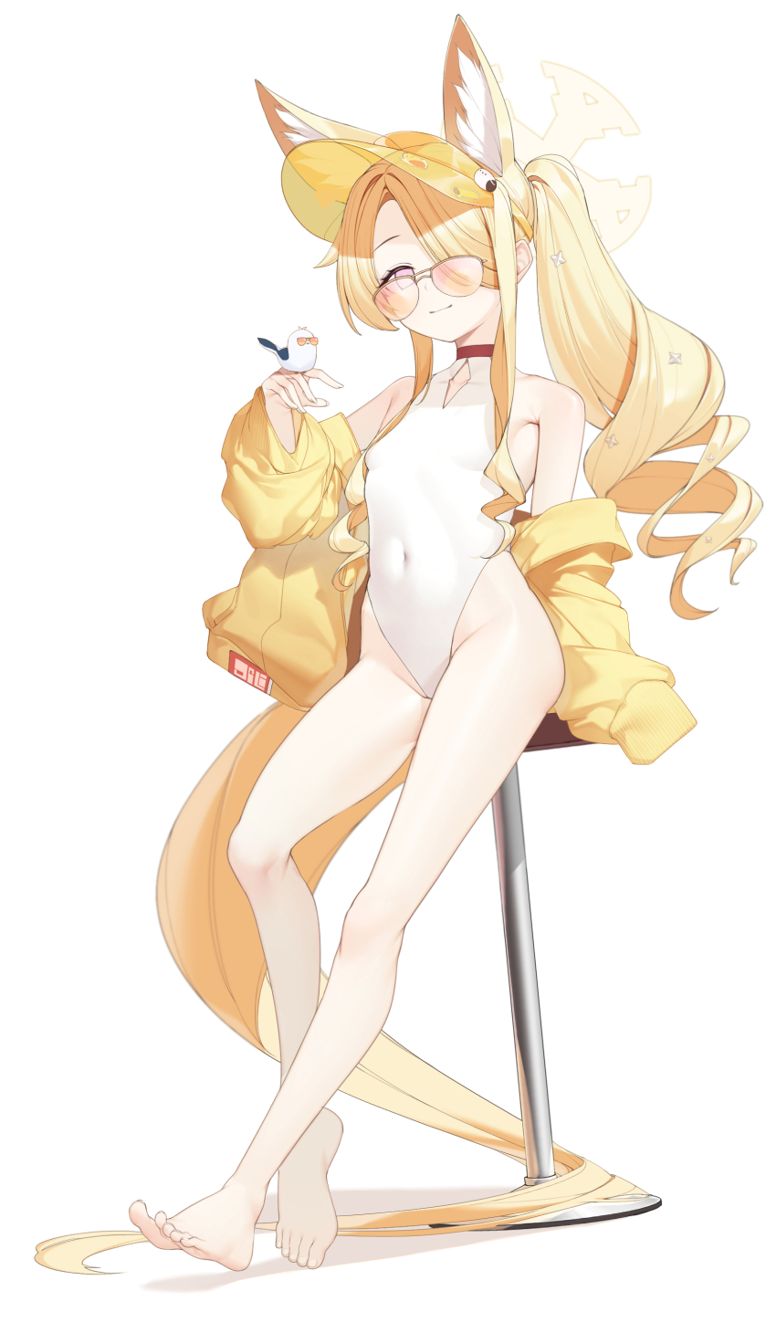 1girl, absurdly_long_tail, absurdres, animal_ear_fluff, animal_ears, bare_shoulders, barefoot, bird