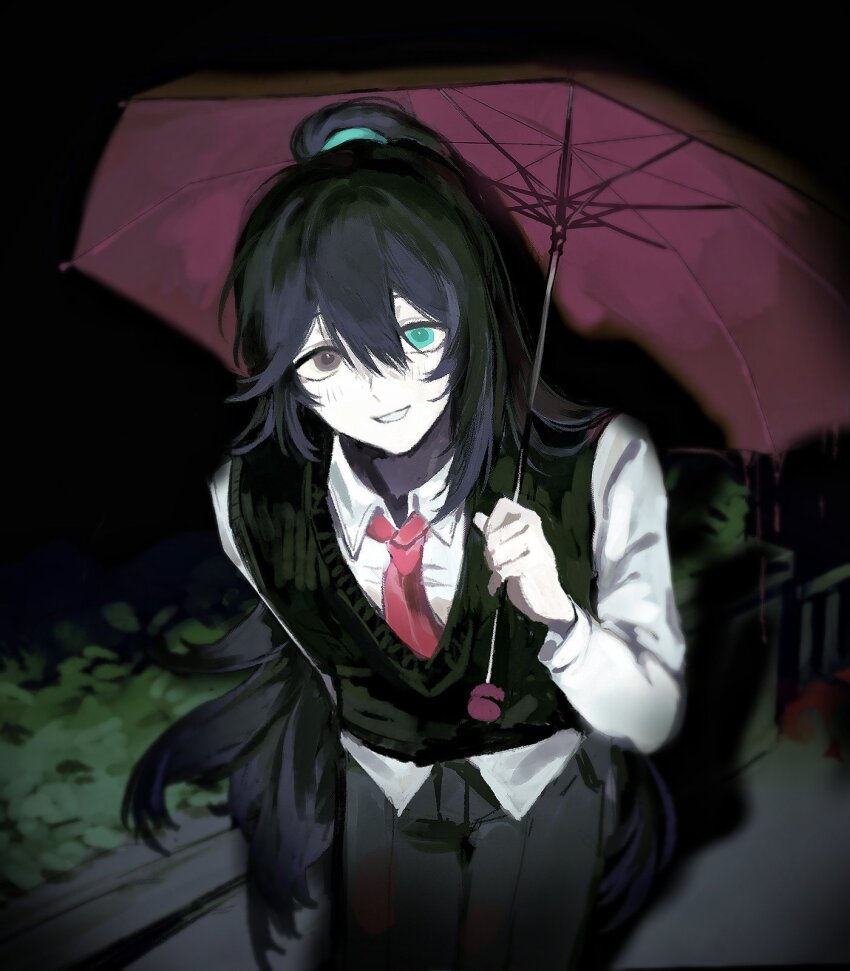 1boy, black_eyes, black_hair, black_pants, black_vest, blue_eyes, collared_shirt, heterochromia, high_ponytail, highres, holding, holding_umbrella, hong_lu_(project_moon), jcm20040808, limbus_company, long_hair, long_sleeves, looking_at_viewer, male_focus, necktie, outdoors, pants, ponytail, project_moon, red_necktie, red_umbrella, shirt, smile, solo, standing, umbrella, upper_body, very_long_hair, vest, white_shirt