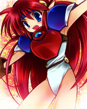 1girl, :o, armor, blue_eyes, female_focus, gloves, headband, leotard, long_hair, lowres, mail_(popful_mail), open_mouth, pauldrons, pointy_ears, popful_mail, popful_mail_(character), red_hair, shoulder_armor, solo, surprised, yurikago