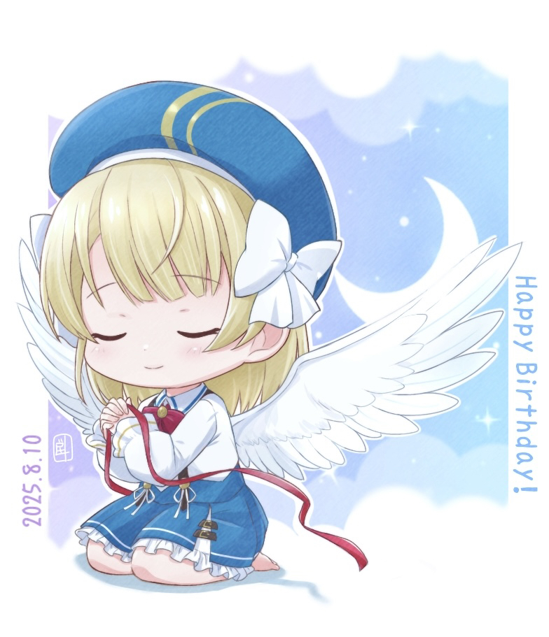 1girl, angel_wings, assault_lily, barefoot, beret, blonde_hair, blue_hat, blue_skirt