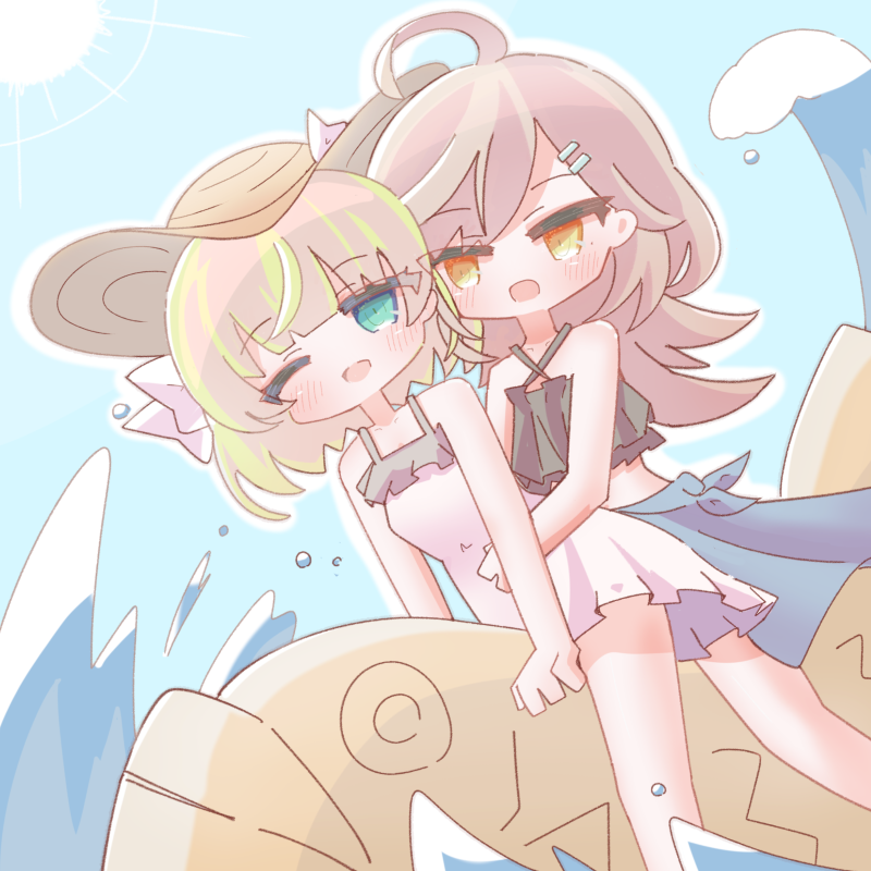 2girls, :d, ;d, ahoge, aqua_eyes, assault_lily, bare_arms, bare_shoulders, behind_another, bikini, black_bikini, blonde_streaks, blue_sarong, blue_sky, blunt_bangs, blush, bow, brown_hair, brown_hat, criss-cross_halter, day, dress, esaka_shizuku, feet_out_of_frame, frilled_dress, frills, grey_hair, hair_bow, hair_ornament, hairclip, halterneck, hand_on_another's_stomach, hat, heads_together, inflatable_toy, long_hair, looking_at_another, looking_at_viewer, medium_hair, multicolored_hair, multiple_girls, nogamo, one_eye_closed, open_mouth, outdoors, riding, sarong, sasaki_ran, sky, sleeveless, sleeveless_dress, smile, straw_hat, streaked_hair, sun, sun_hat, sundress, swimsuit, water, waves, white_bow, white_dress, yellow_eyes