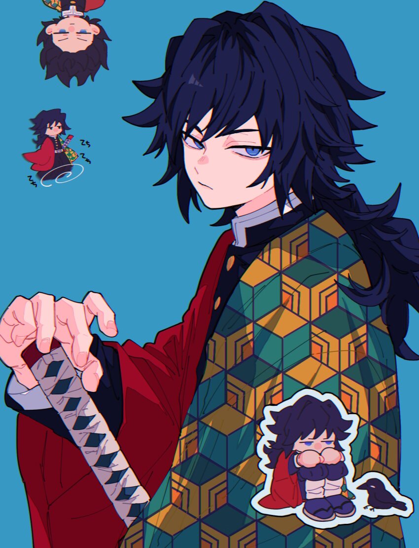 1boy, aqua_background, bird, black_hair, black_jacket, blue_eyes, buttons, chibi