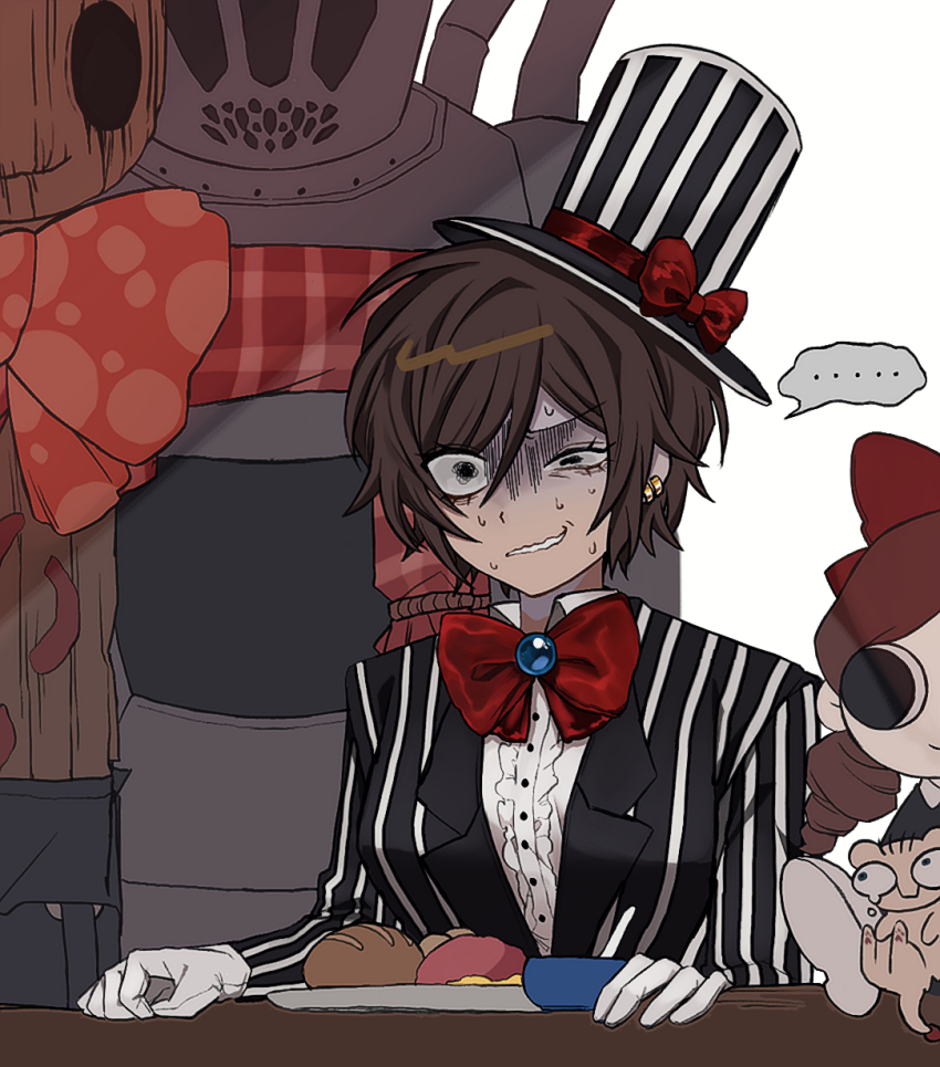 ..., 2girls, bow, bowtie, bread, breasts, brown_hair, center_frills