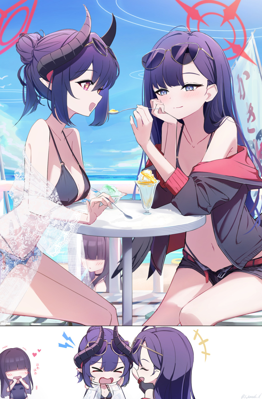 +_+, 3girls, absurdres, bare_shoulders, bikini, black_bikini, black_hair, black_jacket