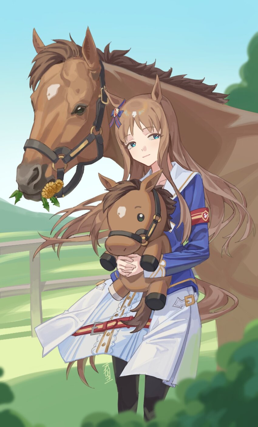 1girl, animal_ears, armband, black_pantyhose, blue_eyes, blue_jacket, blue_sky, bow