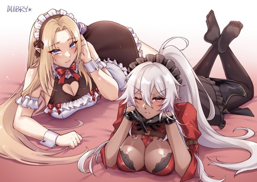2girls, alpha_(kagejitsu), bare_shoulders, black_dress, black_gloves, black_pantyhose, blonde_hair, blush