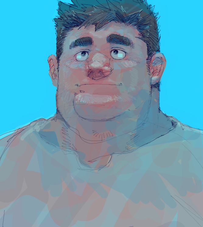 1boy, bara, black_hair, facial_hair, fat, fat_man, huge_eyebrows, koto_(32456033)