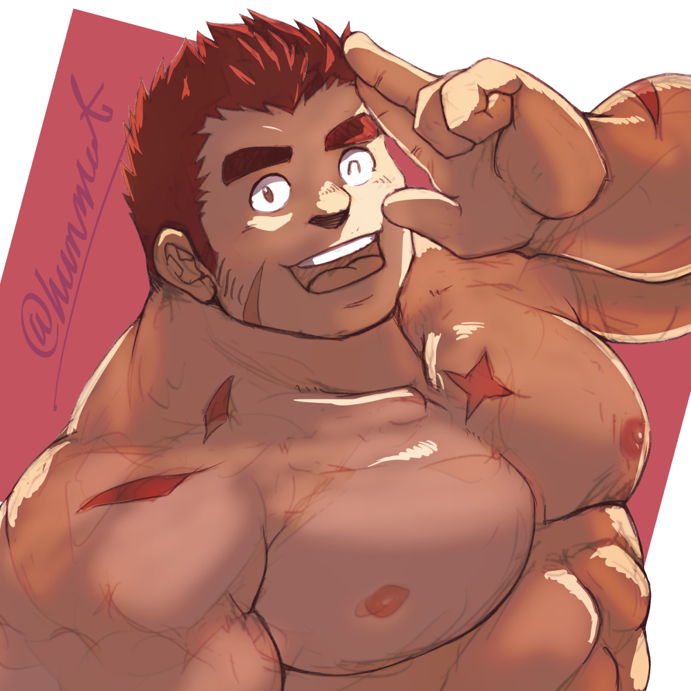 1boy, ^_^, bara, blush, brown_hair, closed_eyes, facial_hair, facial_scar, large_pectorals, male_focus, muscular, muscular_male, nipples, pectorals, salute, sanpaku, scar, scar_on_cheek, scar_on_face, short_hair, sideburns, solo, spiked_hair, stubble, tamamura_gunzo, tatsumonji_yukara, thick_eyebrows, thick_neck, tokyo_houkago_summoners, two-finger_salute, upper_body, white_background