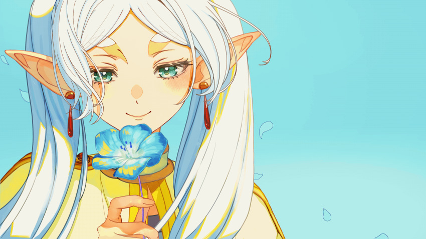 1girl, absurdres, animated, animated_gif, blinking, blue_background, blue_eyes, blue_flower, blush, capelet, closed_mouth, commentary_request, earrings, elf, falling_petals, floating_hair, flower, flower_to_mouth, frieren, highres, holding, holding_flower, jewelry, long_hair, nakauma, nemophila_(flower), petals, pointy_ears, simple_background, smile, solo, sousou_no_frieren, thick_eyebrows, twintails, white_capelet, white_hair