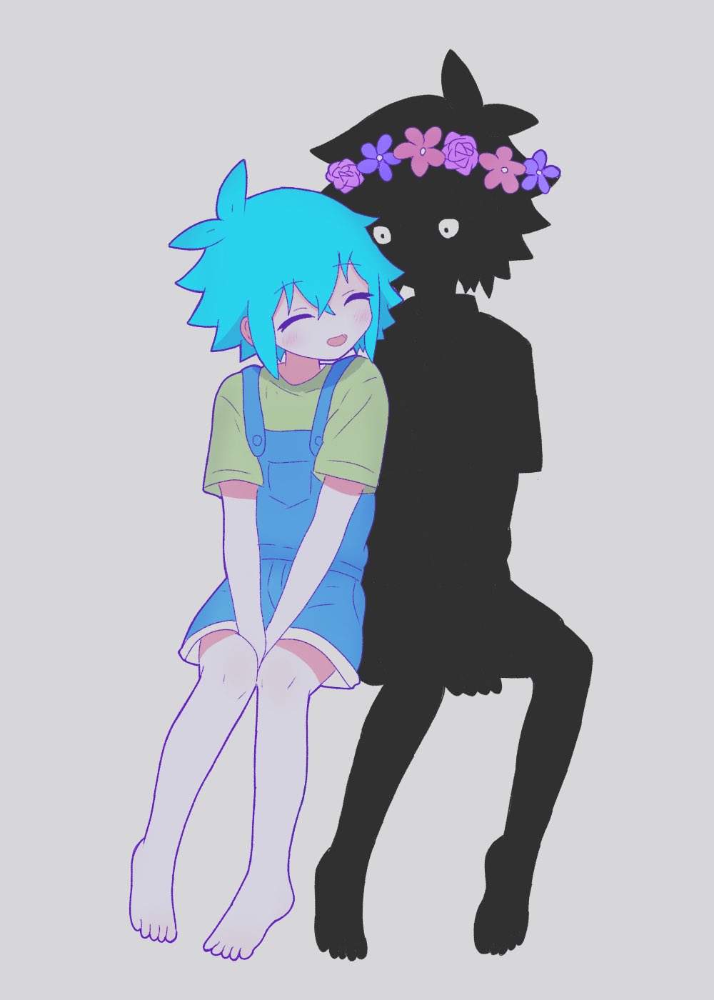 2boys, antenna_hair, barefoot, basil_(headspace)_(omori), basil_(omori), black_hair, black_shirt, black_shoes