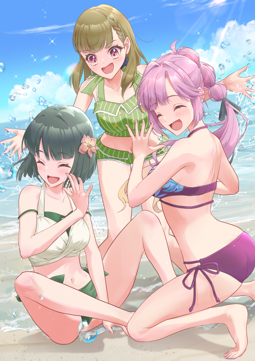 3girls, :d, ^_^, absurdres, anyoji_hime, anyoji_hime_(c106_swimsuit), beach, bikini