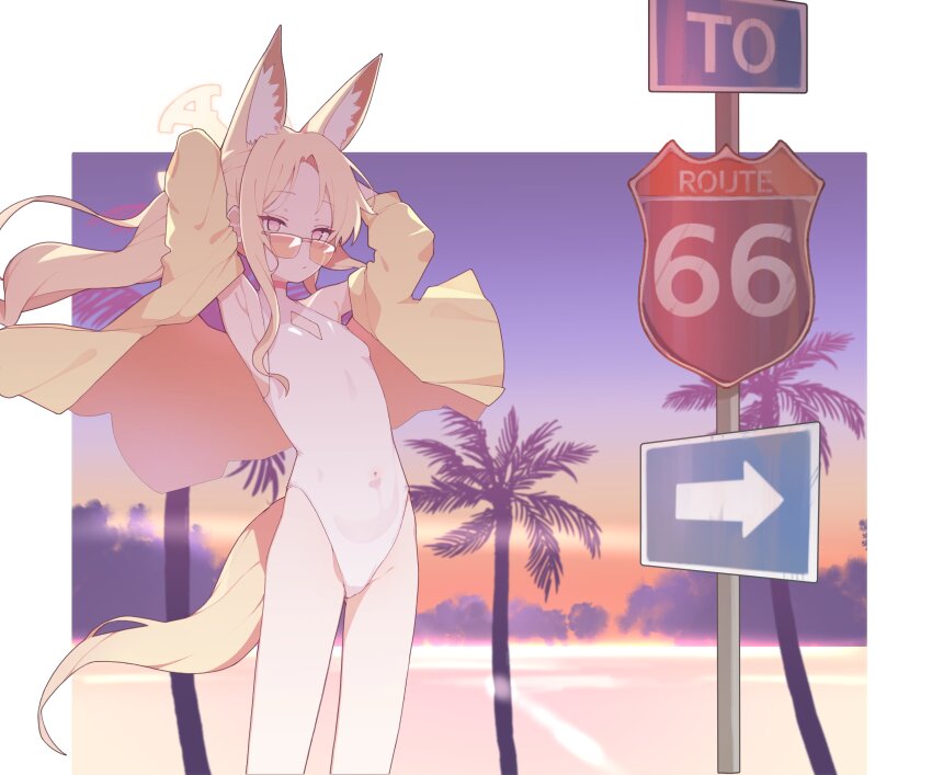 1girl, absurdres, animal_ear_fluff, animal_ears, armpits, arms_behind_head, blonde_hair, blue_archive