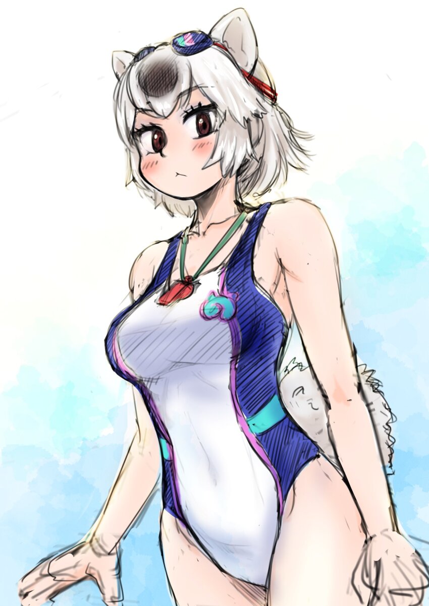 1girl, :<, animal_ears, aotsuki_tsutome, bare_arms, bare_shoulders, bear_ears, bear_girl