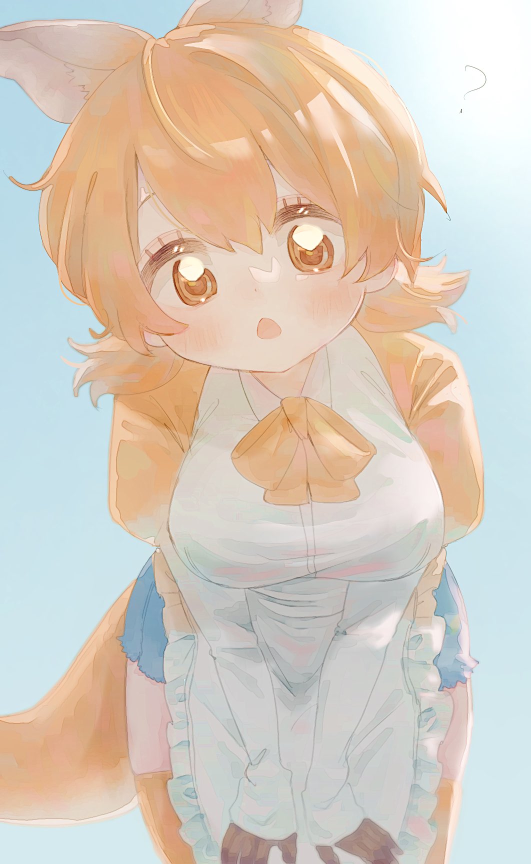 1girl, :<, ?, apron, blue_shorts, blush, bow, bowtie, brown_gloves, collared_shirt, cowboy_shot, denim, denim_shorts, frilled_apron, frills, gloves, gradient_clothes, gradient_shirt, hair_between_eyes, highres, juliet_sleeves, kangaroo_ears, kangaroo_girl, kangaroo_tail, kemono_friends, kemono_friends_3, leaning_forward, long_sleeves, looking_at_viewer, open_mouth, orange_bow, orange_bowtie, orange_eyes, orange_hair, orange_shirt, orange_thighhighs, puffy_sleeves, red_kangaroo_(kemono_friends), seki_mhsk, shirt, short_hair, short_shorts, short_twintails, shorts, sidelocks, solo, thighhighs, twintails, white_apron, white_shirt