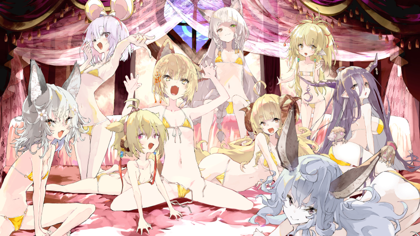 6+girls, ahoge, andira_(granblue_fantasy), anila_(granblue_fantasy), animal_ear_fluff, animal_ears, armpits, arms_up, ass, bikini, blonde_hair, breasts, brown_eyes, brown_hair, butt_crack, claw_pose, crescent_moon, danua, ferry_(granblue_fantasy), flower, gold_bikini, granblue_fantasy, grey_hair, groin, hair_flower, hair_ornament, highres, horns, kneeling, kuroneko_no_toorimichi, legs, long_hair, lying, mahira_(granblue_fantasy), moon, multiple_girls, navel, on_side, one_eye_closed, open_clothes, open_mouth, pholia, pink_eyes, pointy_ears, ponytail, sen_(granblue_fantasy), short_hair, side-tie_bikini_bottom, sitting, small_breasts, smile, spread_legs, stomach, swimsuit, thighs, untied_bikini, vajra_(granblue_fantasy), very_long_hair, vikala_(granblue_fantasy), white_hair
