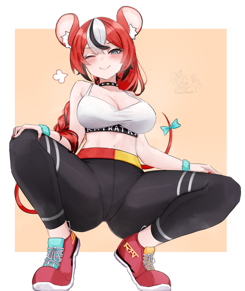 1girl, absurdres, animal_ear_fluff, animal_ears, black_pants, black_streaks, blue_bow, blue_eyes