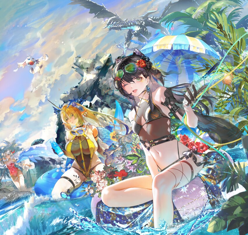 3girls, abby_(wuthering_waves), absurdres, alternate_costume, bare_shoulders, bikini, black_bikini, black_bow, black_gloves, black_hair, black_one-piece_swimsuit, blonde_hair, bow, breasts, carlotta_(splashing_summer)_(wuthering_waves), carlotta_(wuthering_waves), chinese_commentary, commentary_request, cup, dragon, dragon_of_dirge_(wuthering_waves), drinking_glass, earrings, eyewear_on_head, female_rover_(wuthering_waves), fleurdelys_(wuthering_waves), gloves, hair_bow, hand_up, highres, holding, holding_cup, horns, huge_breasts, innertube, jewelry, jin_sumire, long_hair, long_horns, looking_at_viewer, multiple_girls, navel, official_alternate_costume, one-piece_swimsuit, one_eye_closed, open_mouth, outdoors, rover_(wuthering_waves), single_horn, sitting, small_breasts, smile, stomach, sunglasses, swim_ring, swimsuit, tacet_mark_(wuthering_waves), thigh_strap, thighs, very_long_hair, wuthering_waves, yellow_horns