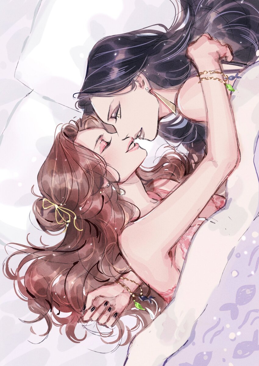 2girls, absurdres, anssel3, arms_around_neck, black_hair, black_nails, bra, bracelet