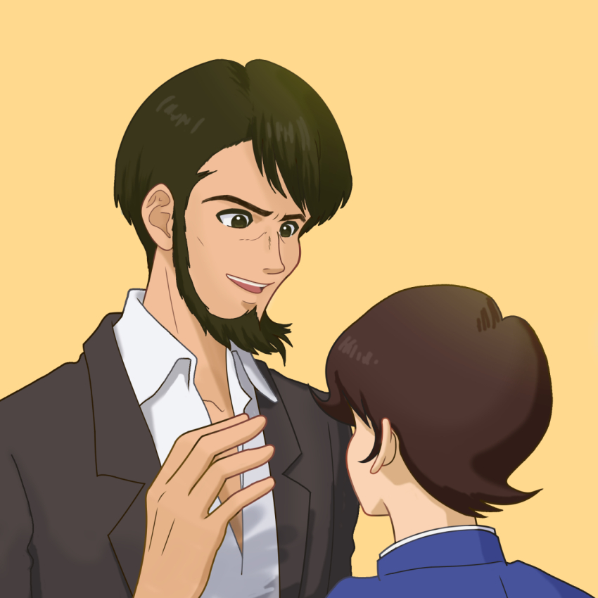 2boys, arsene_lupin_ii, arsene_lupin_iii, black_eyes, black_hair, black_jacket, brown_hair, commentary_request