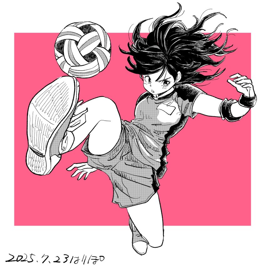 1girl, artist_name, ball, commentary, dated, elbow_pads, full_body, greyscale_with_colored_background