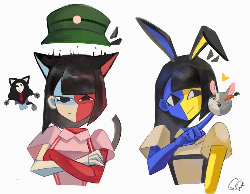 1boy, 3girls, animal_ears, black_hair, blue_skin, blunt_bangs, blunt_ends, bob_cut