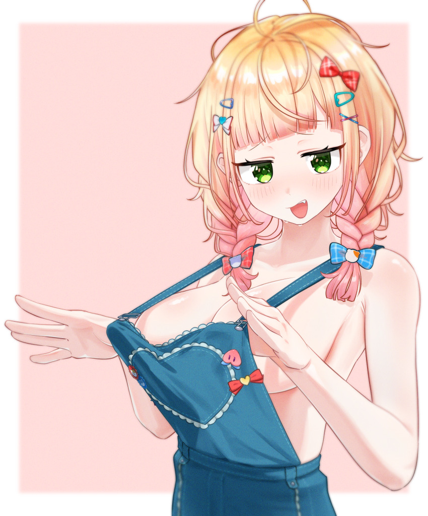 1girl, absurdres, akaika_(aka), blonde_hair, blue_overalls, blush, border, bow