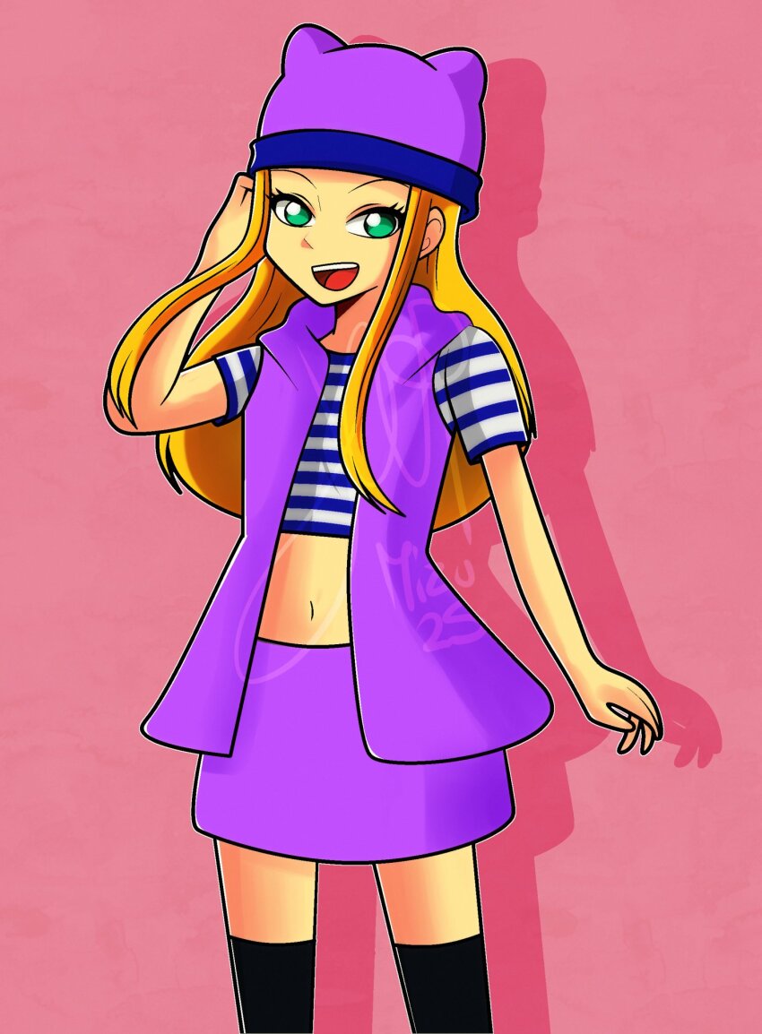 blonde_hair, digimon, digimon_frontier, green_eyes, hat, highres, jacket, kapomizuki, long_hair, looking_at_viewer, open_mouth, orimoto_izumi, smile