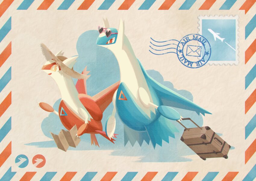 absurdres, claws, closed_mouth, clothed_pokemon, eyewear_on_head, full_body, gen_3_pokemon, hat, highres, holding, holding_map, holding_suitcase, latias, latios, legendary_pokemon, letter, map, nintendo, no_humans, open_mouth, pokemon, pokemon_(creature), pokemon_focus, postage_stamp, ramune_(sea_glassblue), red_eyes, rolling_suitcase, smile, straw_hat, suitcase, sun_hat, sunglasses, yellow_eyes