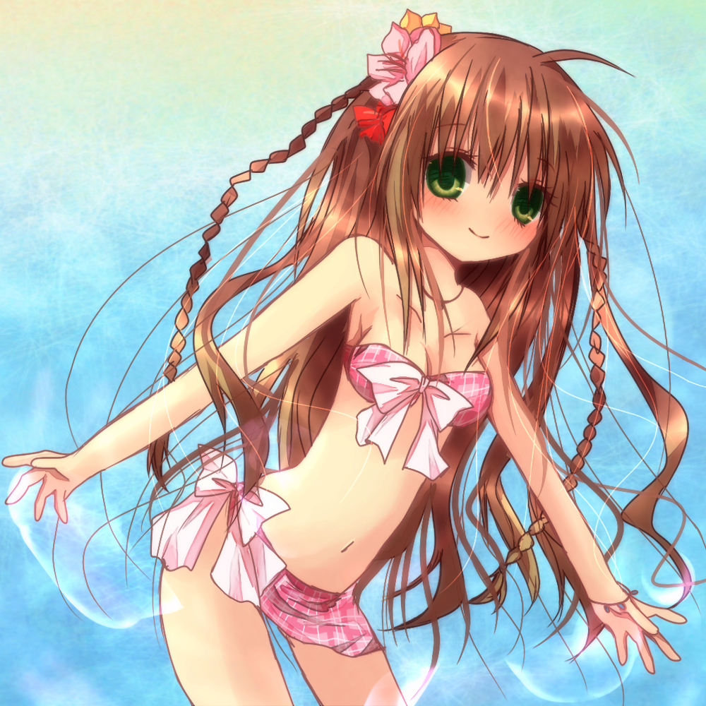 10s, 1girl, bikini, braid, brown_hair, female_focus, green_eyes, hina_(ohinao)