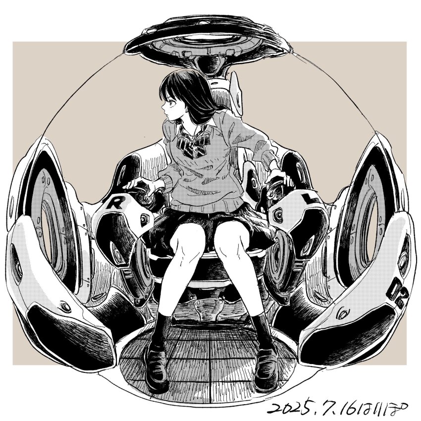 1girl, artist_name, border, bow, bowtie, canopy_(aircraft), closed_mouth, cockpit, collared_shirt, commentary, cream_background, dated, earrings, full_body, greyscale_with_colored_background, hari_tabo42, highres, jewelry, knees_together_feet_apart, loafers, long_hair, looking_to_the_side, original, outside_border, pleated_skirt, school_uniform, science_fiction, shirt, shoes, signature, sitting, skirt, socks, solo, stud_earrings, sweater, turning_head, white_border