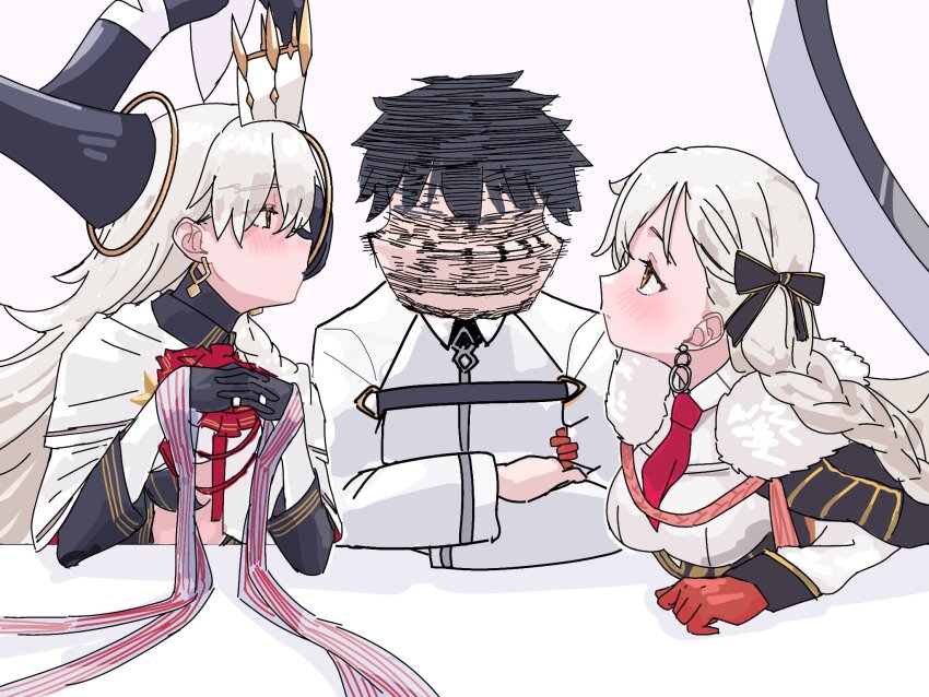 1boy, 2girls, afterimage, ascot, black_hair, black_ribbon, blush, braid