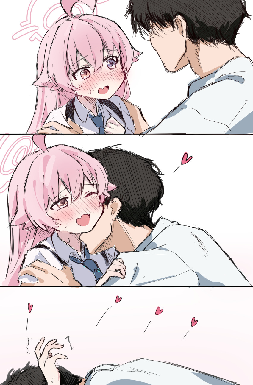 1boy, 1girl, 3koma, absurdres, ahoge, black_hair, blue_archive, blue_necktie