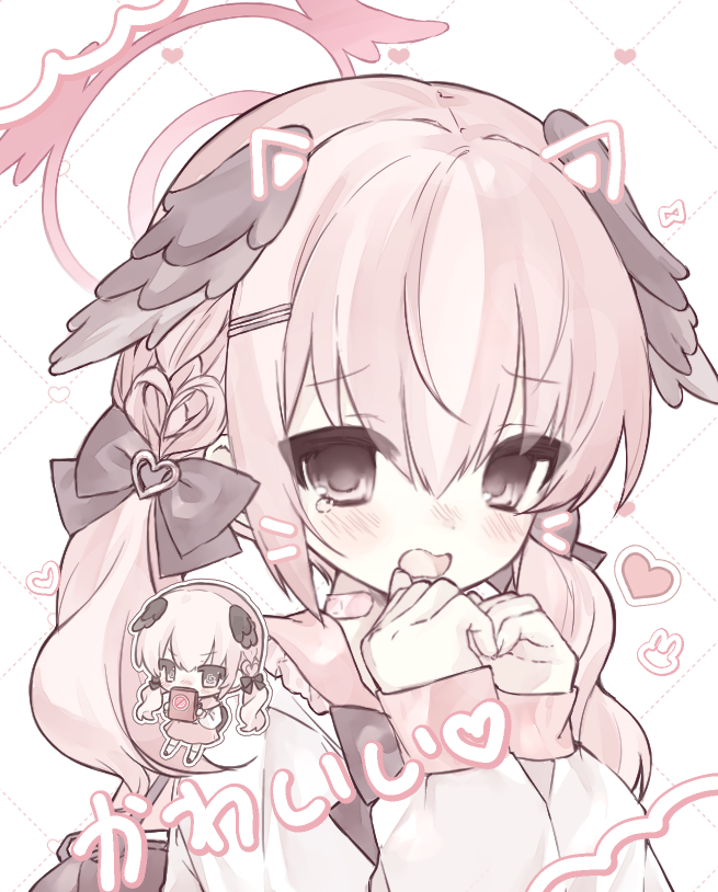 1girl, anone_(00x02), bandaid, bandaid_on_neck, black_bow, black_bowtie, blue_archive, bow, bowtie, braid, chibi, chibi_inset, drawn_ears, drawn_whiskers, hair_bow, hair_ornament, hairclip, halo, head_wings, koharu_(blue_archive), looking_at_viewer, low_twintails, medium_hair, parallel_hairclips, pink_eyes, pink_hair, pink_halo, shirt, sleeves_past_wrists, solo, tears, twintails, upper_body, white_shirt, wings