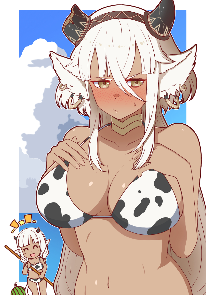 2girls, alternate_costume, amagumo1023, angry, animal_ears, animal_print, ash_(fire_emblem), bare_arms, bare_shoulders, bikini, black_horns, blush, breasts, broken_horn, brown_eyes, chibi, cleavage, closed_eyes, closed_mouth, collarbone, commentary_request, cow_ears, cow_girl, cow_horns, cow_print, cow_print_bikini, cow_tail, dark-skinned_female, dark_skin, embarrassed, fire_emblem, fire_emblem_heroes, food, fruit, hair_between_eyes, hands_on_own_chest, highres, holding, horns, large_breasts, long_hair, looking_to_the_side, medium_breasts, medium_hair, meliai_(fire_emblem), multiple_girls, navel, nintendo, outdoors, print_bikini, sideboob, skindentation, smile, solo_focus, stomach, swimsuit, tail, upper_body, very_long_hair, watermelon, white_hair