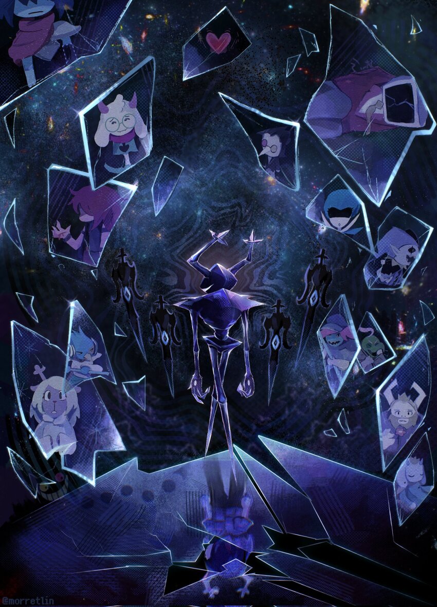 1other, ant_tenna, armor, artist_name, asgore_dreemurr, broken_glass, chief_undyne, december_holiday, deltarune, different_reflection, dual_persona, floating, floating_object, floating_sword, floating_weapon, friend_(deltarune), full_armor, gerson_(hammer_of_justice), gerson_boom, glass, glass_shards, heart, helmet, highres, horns, jevil, kris_(dark_world)_(deltarune), kris_(deltarune), morretlin, noelle_holiday, noelle_holiday_(dark_world), queen_(deltarune), ralsei, reflection, roaring_knight, shards, spamton_g._spamton, standing, sword, toriel, toriel_(dark_world), undyne, undyne_(dark_world), utdr_(toby_fox), weapon